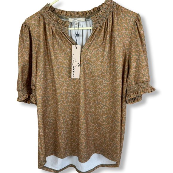 Les Serein Tops - Les Serein Women's Rust Green Floral Pullover Ruffled Sleeve Blouse Size L #W 62